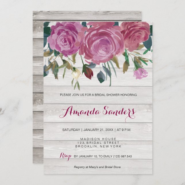 Bridal Shower white wood floral roses card (Front/Back)