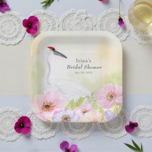 Bridal Shower Whooping Crane with Pastel Anemones  Paper Plate