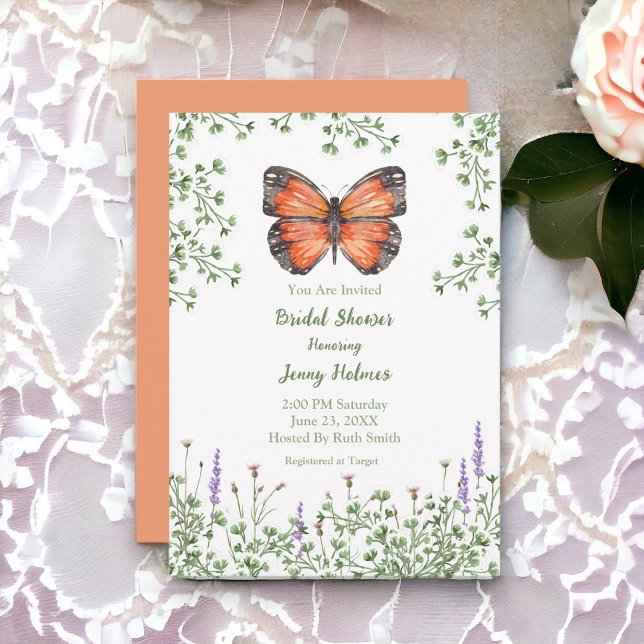 Bridal Shower Wildflower Orange Butterfly Greenery Invitation (Pretty and fresh design. Bridal Shower Party Invitations.)