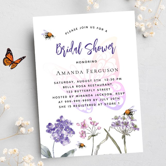 Bridal Shower wildflowers violet butterfly luxury Invitation (Creator Uploaded)