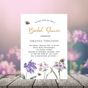 Bridal Shower wildflowers violet pink bee Invitation Postcard