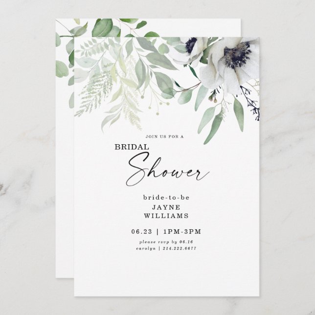 Bridal Shower Winter White Floral Botanical Invitation (Front/Back)