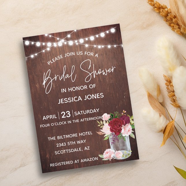 Bridal Shower Wood Burgundy Blush Pink Mason Jar Invitation (Creator Uploaded)