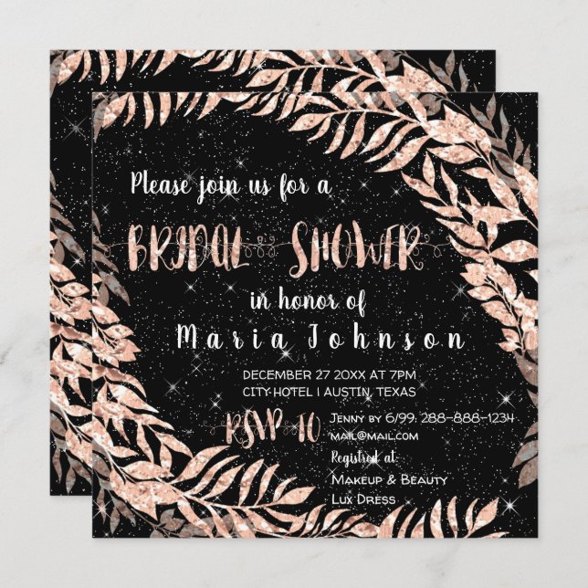 Bridal Shower Wreath Glitter Rose Gold Sky Stars Invitation (Front/Back)