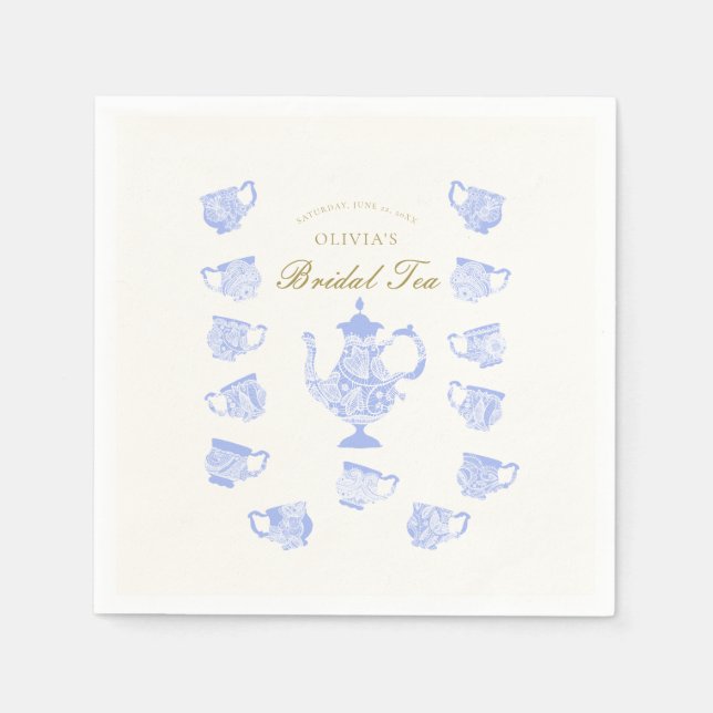 Bridal Tea Blue China White Lace Script Shower Napkin (Front)