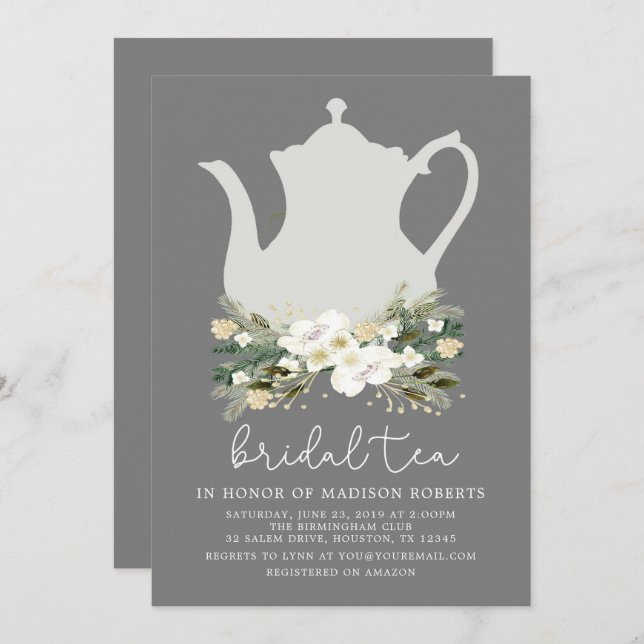 Bridal Tea Grey Watercolor Flowers Invitation (Front/Back)