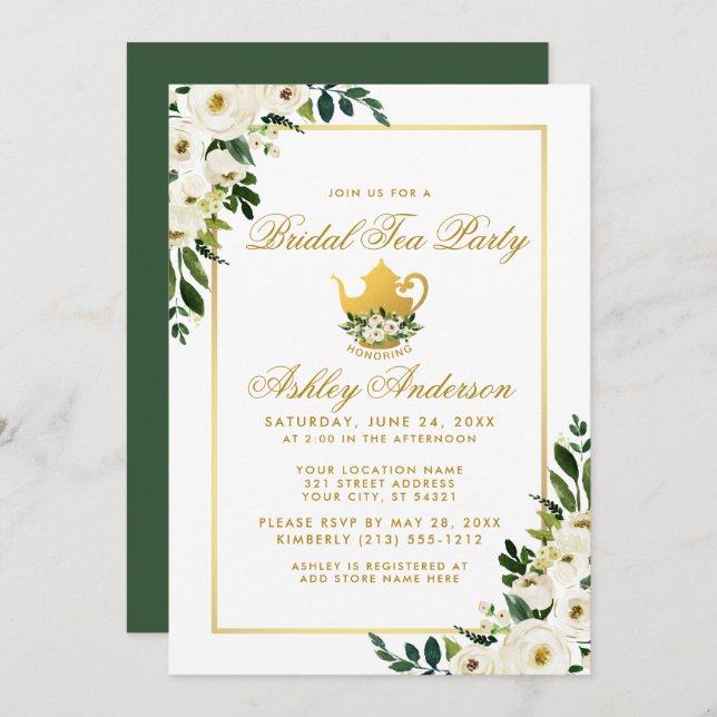 Bridal Tea Party Floral Green Gold  Invitation G (Front/Back)