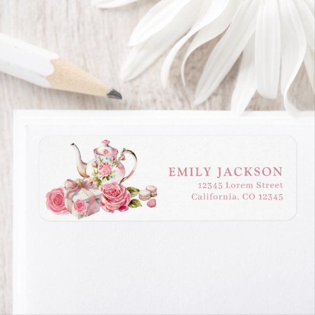 Bridal tea party pink bridal shower return address label (Insitu)