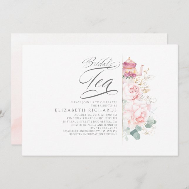 Bridal Tea Pink Flowers Bridal Shower Invitation (Front/Back)