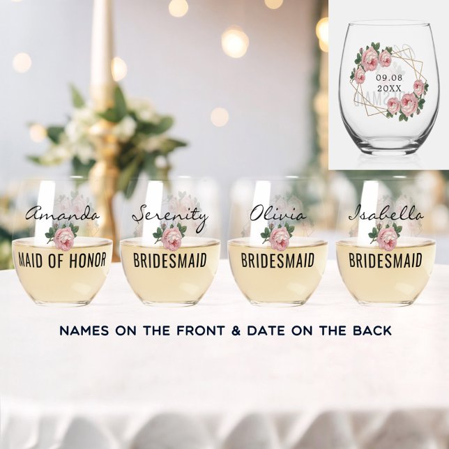 Bridal Team Gold Glitter Geo Pink Floral Wedding Stemless Wine Glass (Bridal Team Gold Glitter Geo Pink Floral Wedding Stemless Wine Glass)