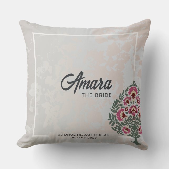 Bridal Throw Pillow – Custom Name Mughal Flower (Front)