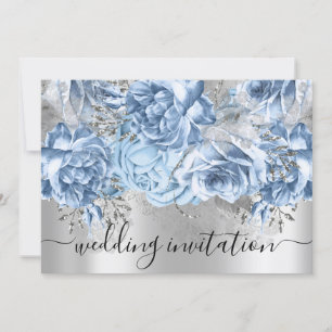 Bridal Wedding Blue Silver Grey Roses Floral Invitation