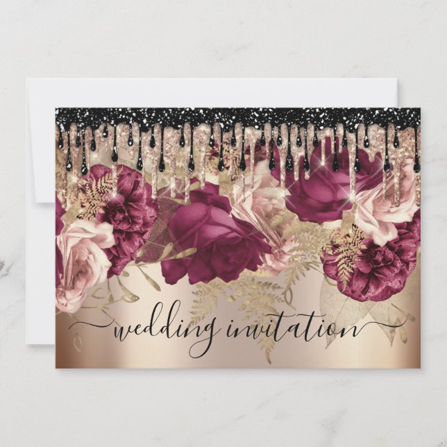 Bridal Wedding Event Rose Pink Marsala Drips  Invitation (Front)