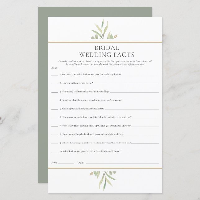 Bridal Wedding Facts Shower Game (Front/Back)