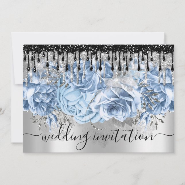 Bridal Wedding Glitter Drips Blue Silver Grey Invi Invitation (Front)