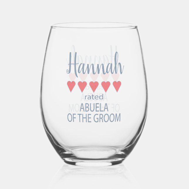 Bridal & Wedding Party 5 Heart Abuela of Groom Stemless Wine Glass (Front)