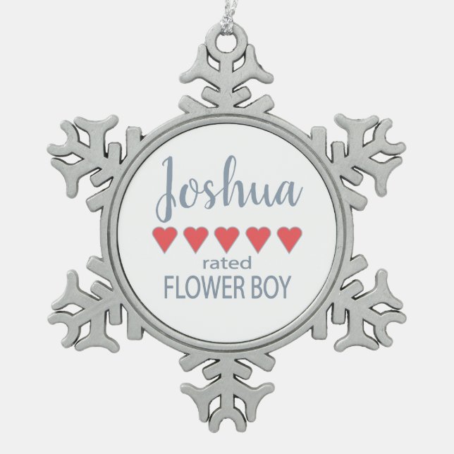 Bridal & Wedding Party 5 Heart Flower Boy Snowflake Pewter Christmas Ornament (Front)
