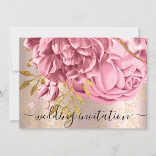 Bridal Wedding Pink Rose Gold Flowers Roses Invitation