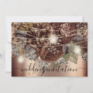 Bridal Wedding Rose Gold Brown Roses Lights  Invitation