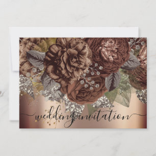Bridal Wedding Rose Gold Brown Roses Silver Invitation