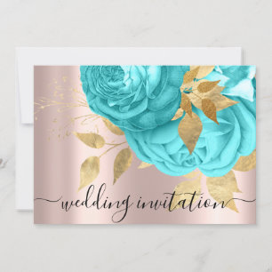 Bridal Wedding Royal Blue Aqua Gold Roses  Invitation