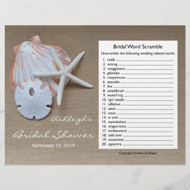 Bridal Wedding Shower Word Scramble Game (Front)