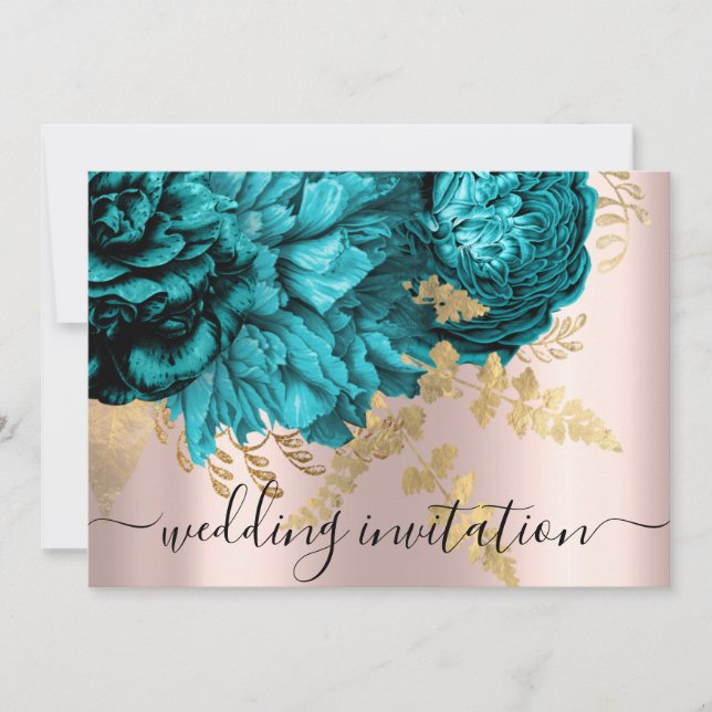 Bridal Wedding Teal Blue Gold Rose Peony  Invitation (Front)