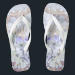 Bridal White Gold Pink Elegant Thongs<br><div class="desc">Wedding party gift. Bridal elegant white gold pink pearls purple floral print design wedding shoes. Comfortable custom typography summer beach flip sandals for bride. Text can be personalised. Image copyright Marg Seregelyi Photography.</div>