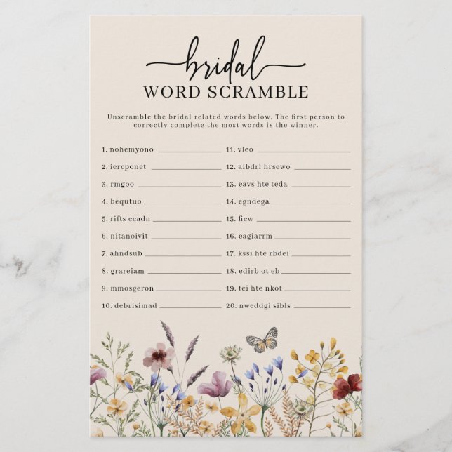 Bridal Word Scramble Game (Front)
