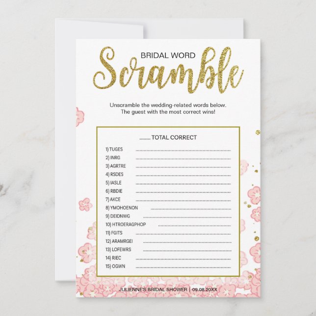 Bridal Word Scramble Game | Pink and Gold Glitter (Front)