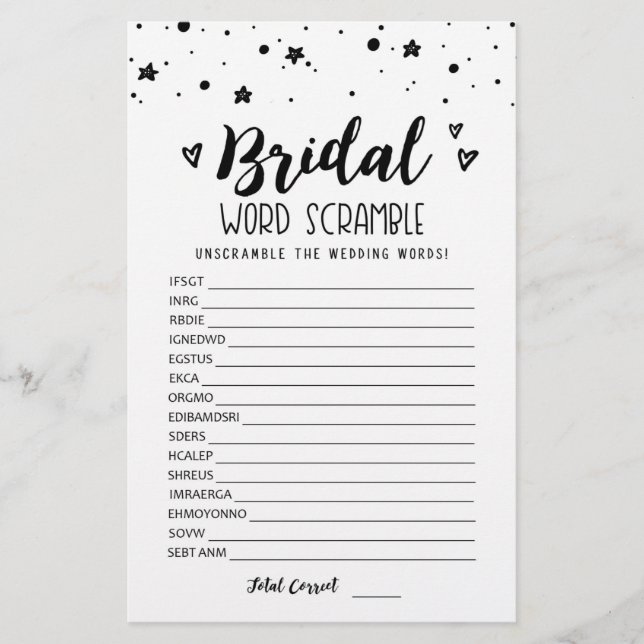 Bridal word scramble game with Answers (Front)