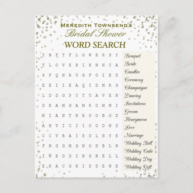 Bridal Word Search | Gold Confetti Invitation Postcard (Front)