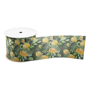 Bridal Yellow Peonies and Green Ferns Satin Ribbon