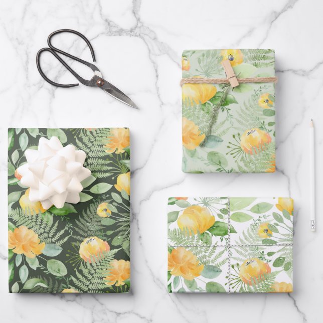Bridal Yellow Peonies and Green  Ferns Wrapping Paper Sheet (Front)