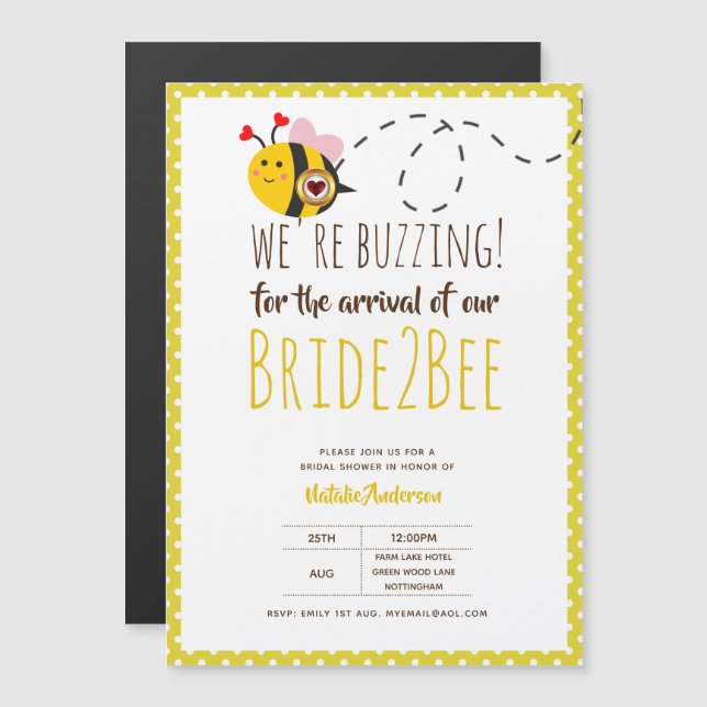 Bride 2 BEE Cute Yellow Wedding or Bridal Shower Magnetic Invitation (Front/Back)
