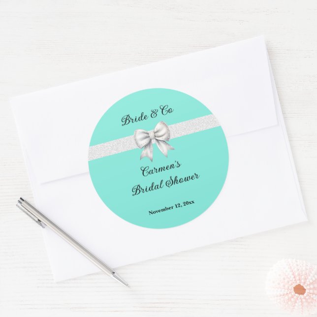 Bride and Co. White Glitter Bow Bridal Shower Classic Round Sticker (Envelope)