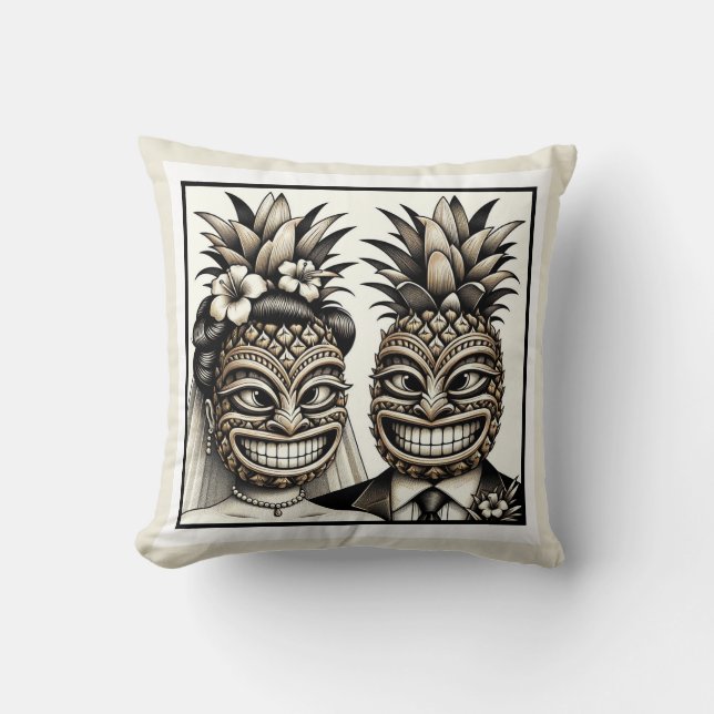Bride and Groom Aloha Pineapple Tiki Head Wedding  Cushion (Front)