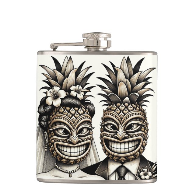 Bride and Groom Aloha Pineapple Tiki Head Wedding  Hip Flask (Front)