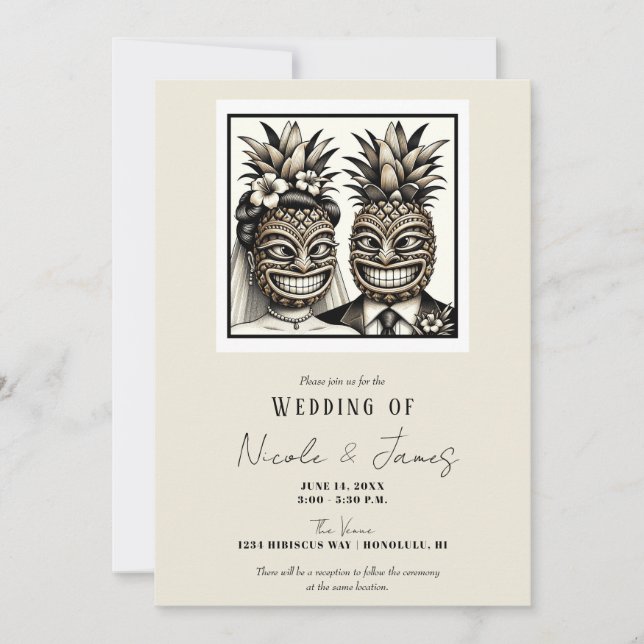 Bride and Groom Aloha Pineapple Tiki Head Wedding  Invitation (Front)