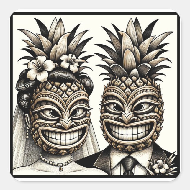 Bride and Groom Aloha Pineapple Tiki Head Wedding  Square Sticker (Front)