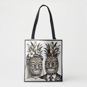 Bride and Groom Aloha Pineapple Tiki Head Wedding Tote Bag