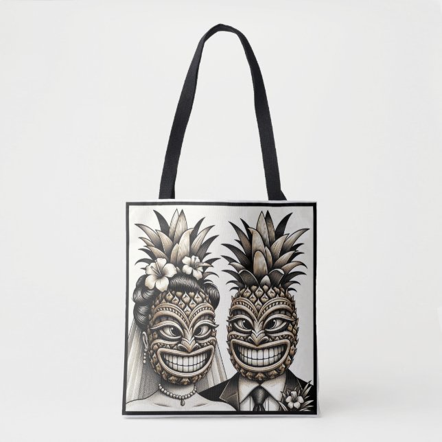 Bride and Groom Aloha Pineapple Tiki Head Wedding  Tote Bag (Front)