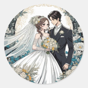 Bride and Groom Anime wedding Classic Round Sticker