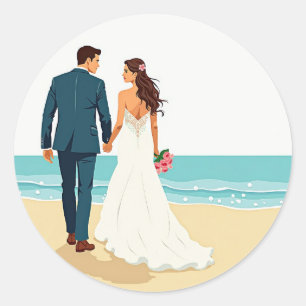 Bride and Groom at the Beach Classic Round Sticker