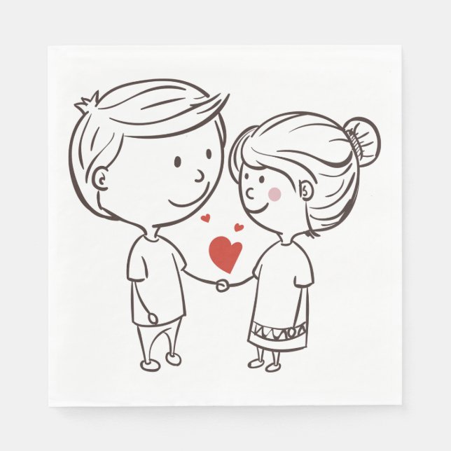 Bride And Groom Cartoon Black And White Wedding Napkin (Front)