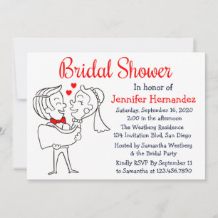 Bride And Groom Cartoon Red & White Bridal Shower Invitation