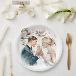 Bride and Groom Champagne Magnolias Paper Plate