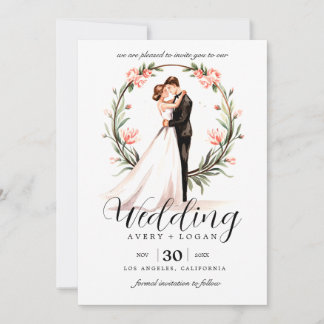 bride and groom couple watercolor wedding invitation