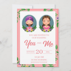Bride and groom cute couple indian dress cartoon invitation
