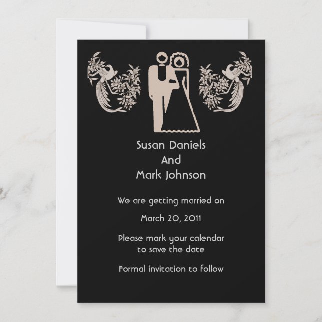 Bride And Groom Doves Black Wedding Save The Date Invitation (Front)
